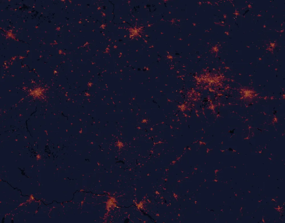 NASA satellite night-lights map of Olomouc Region with every place marked