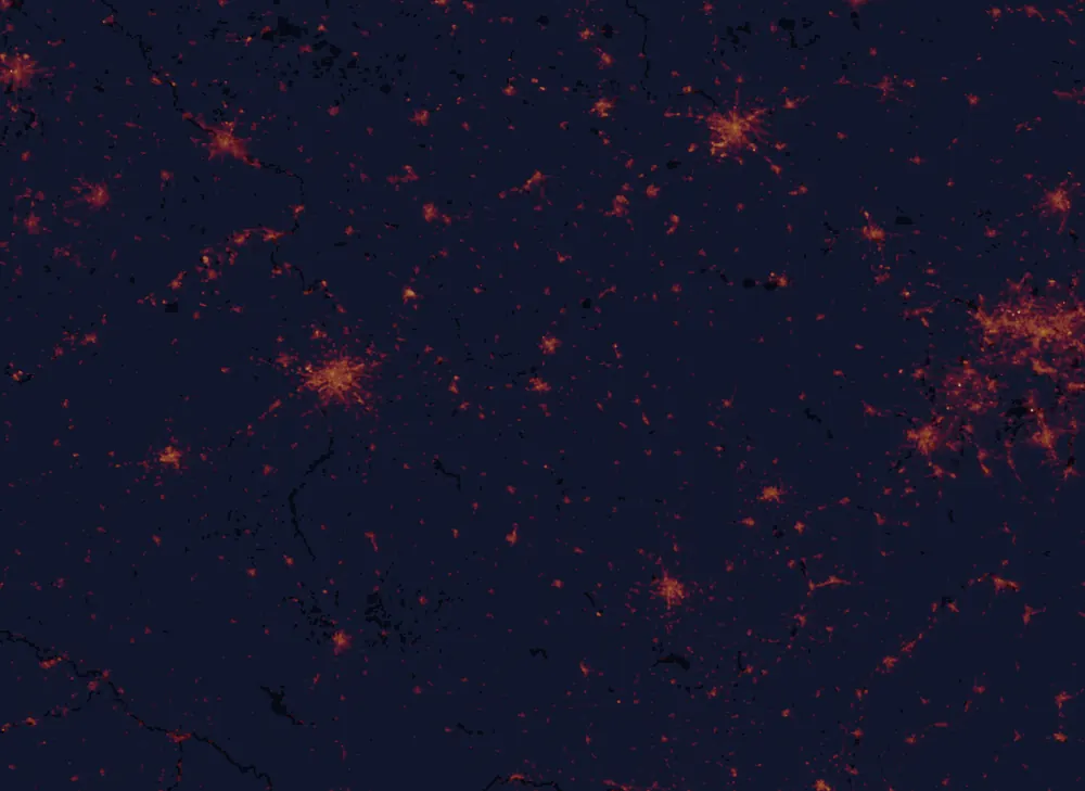 NASA satellite night-lights map of Pardubice Region with every place marked