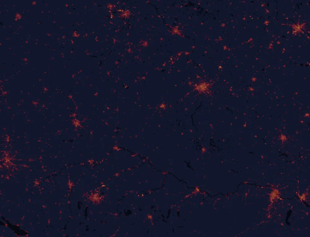 NASA satellite night-lights map of Plzeň Region with every place marked
