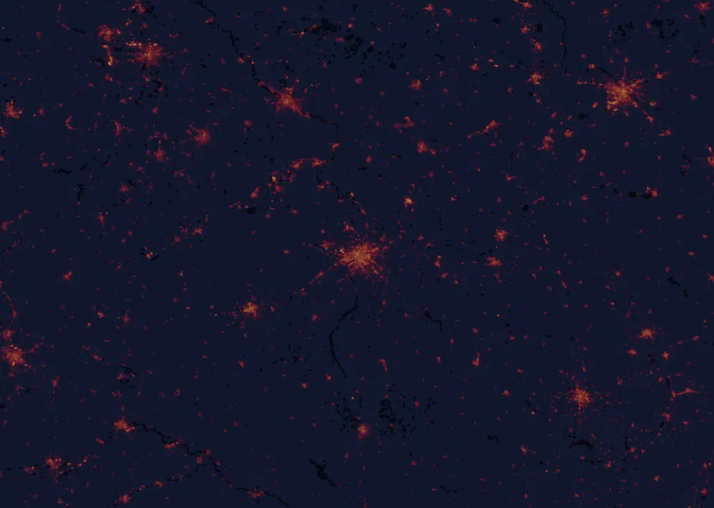 NASA satellite night-lights map of Prague with every place marked
