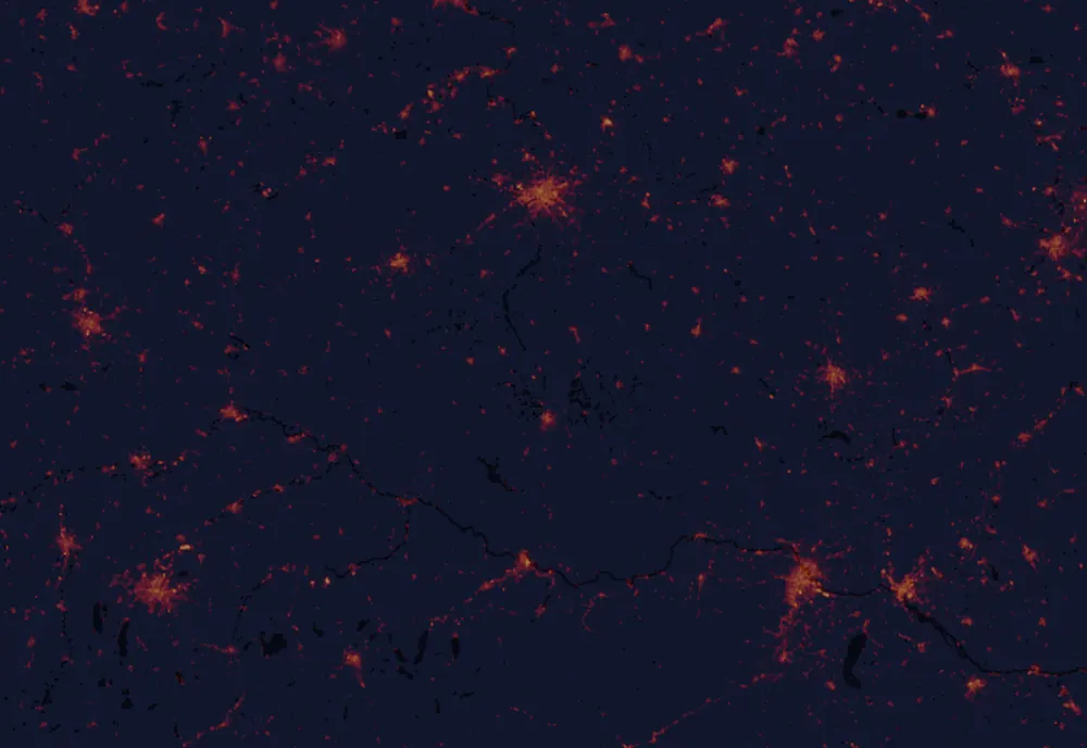 NASA satellite night-lights map of South Bohemian Region with every place marked