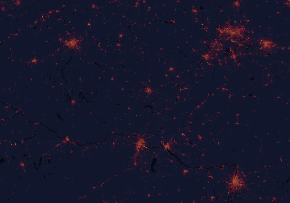 NASA satellite night-lights map of South Moravian Region with every place marked
