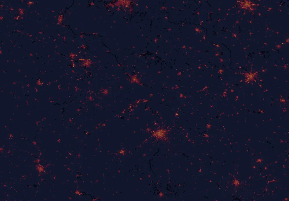 NASA satellite night-lights map of Ústí nad Labem Region with every place marked