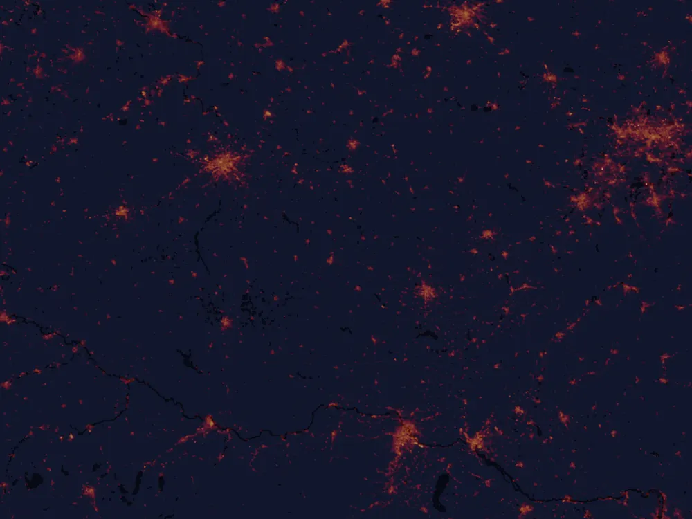 NASA satellite night-lights map of Vysočina Region with every place marked