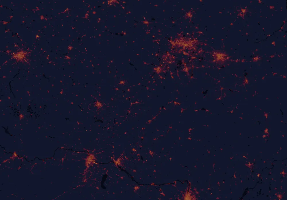 NASA satellite night-lights map of Zlín Region with every place marked