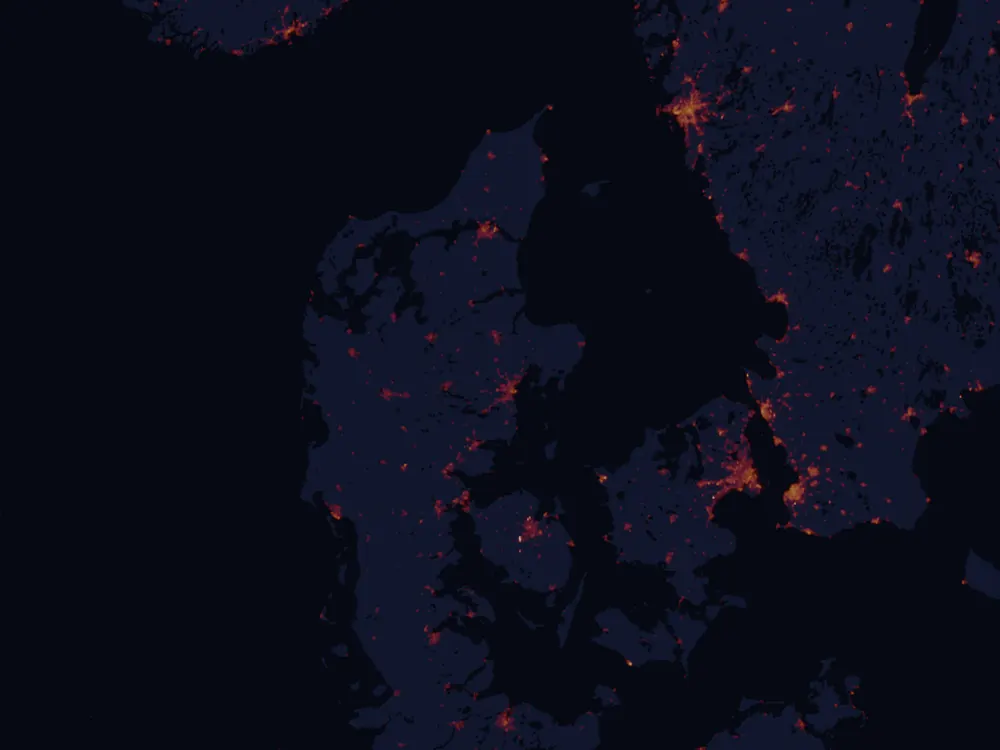 NASA satellite night-lights map of Central Jutland with every place marked