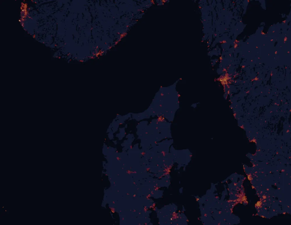 NASA satellite night-lights map of North Denmark with every place marked