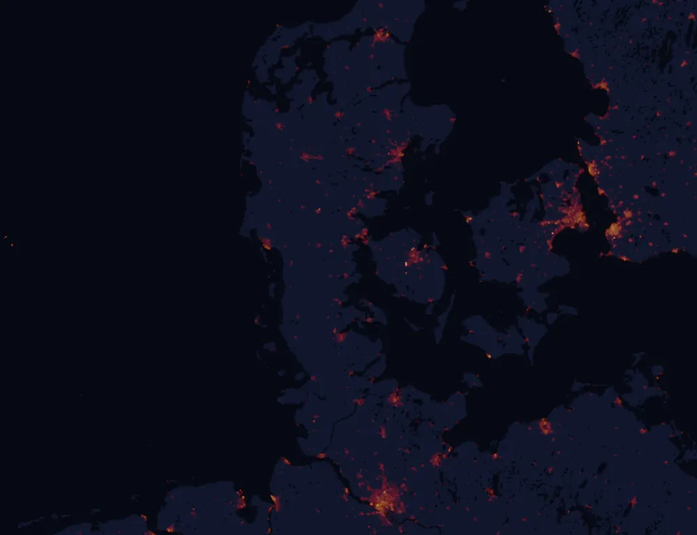 NASA satellite night-lights map of South Denmark with every place marked
