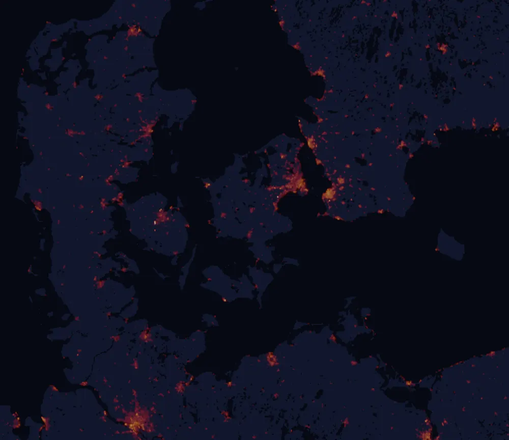 NASA satellite night-lights map of Zealand with every place marked
