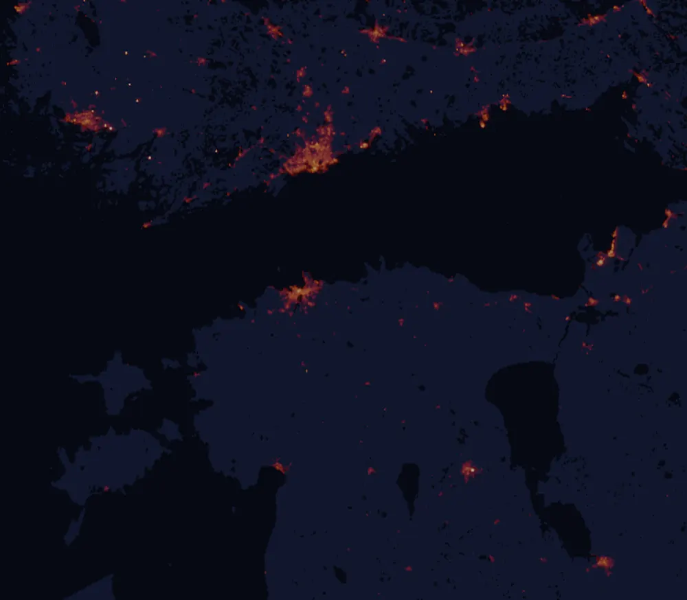 NASA satellite night-lights map of Harju County with every place marked