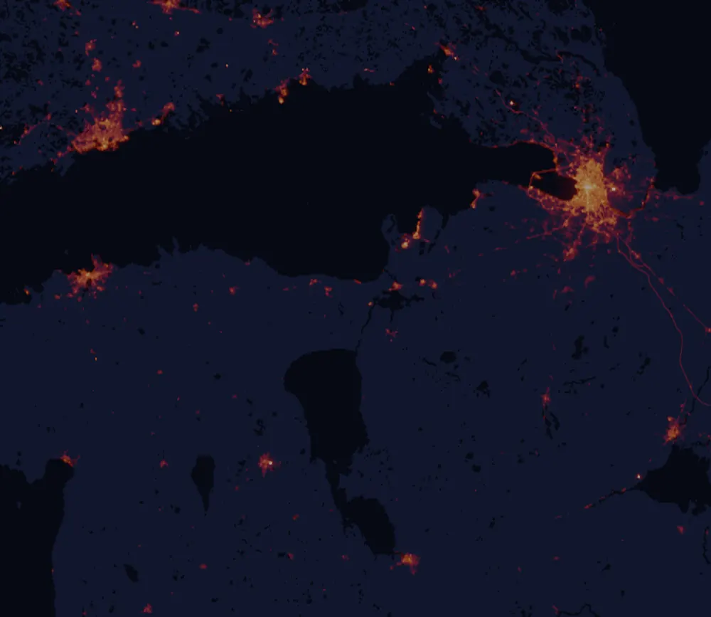 NASA satellite night-lights map of Ida-Viru County with every place marked