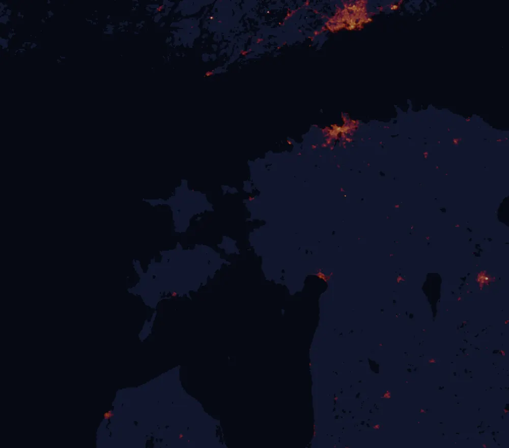 NASA satellite night-lights map of Lääne County with every place marked