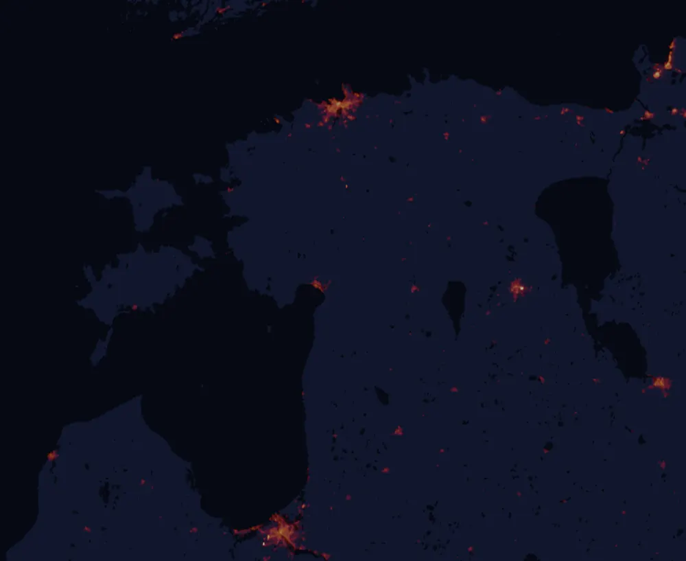 NASA satellite night-lights map of Pärnu County with every place marked