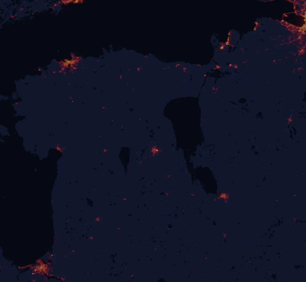NASA satellite night-lights map of Tartu County with every place marked