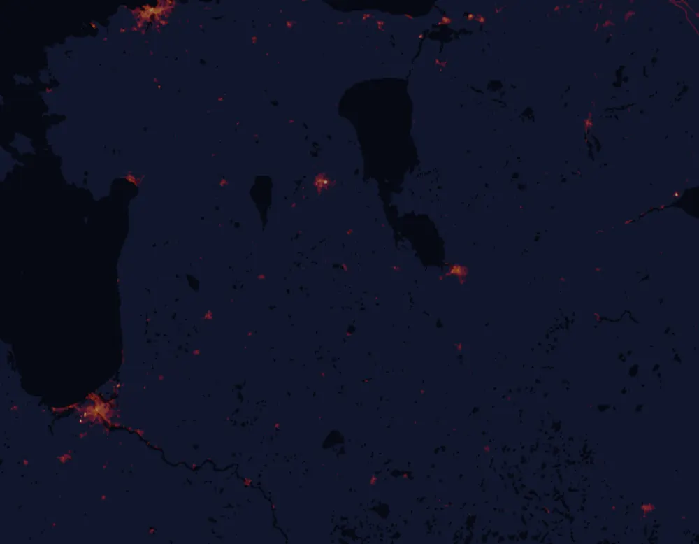 NASA satellite night-lights map of Võru County with every place marked