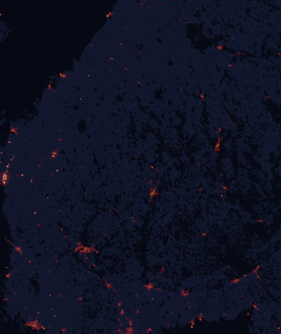 NASA satellite night-lights map of Central Finland with every place marked