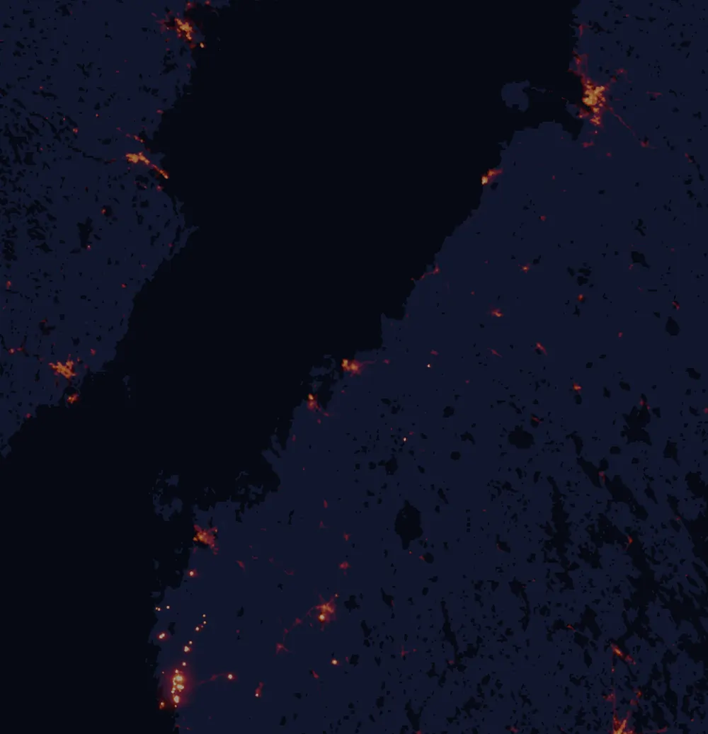 NASA satellite night-lights map of Central Ostrobothnia with every place marked