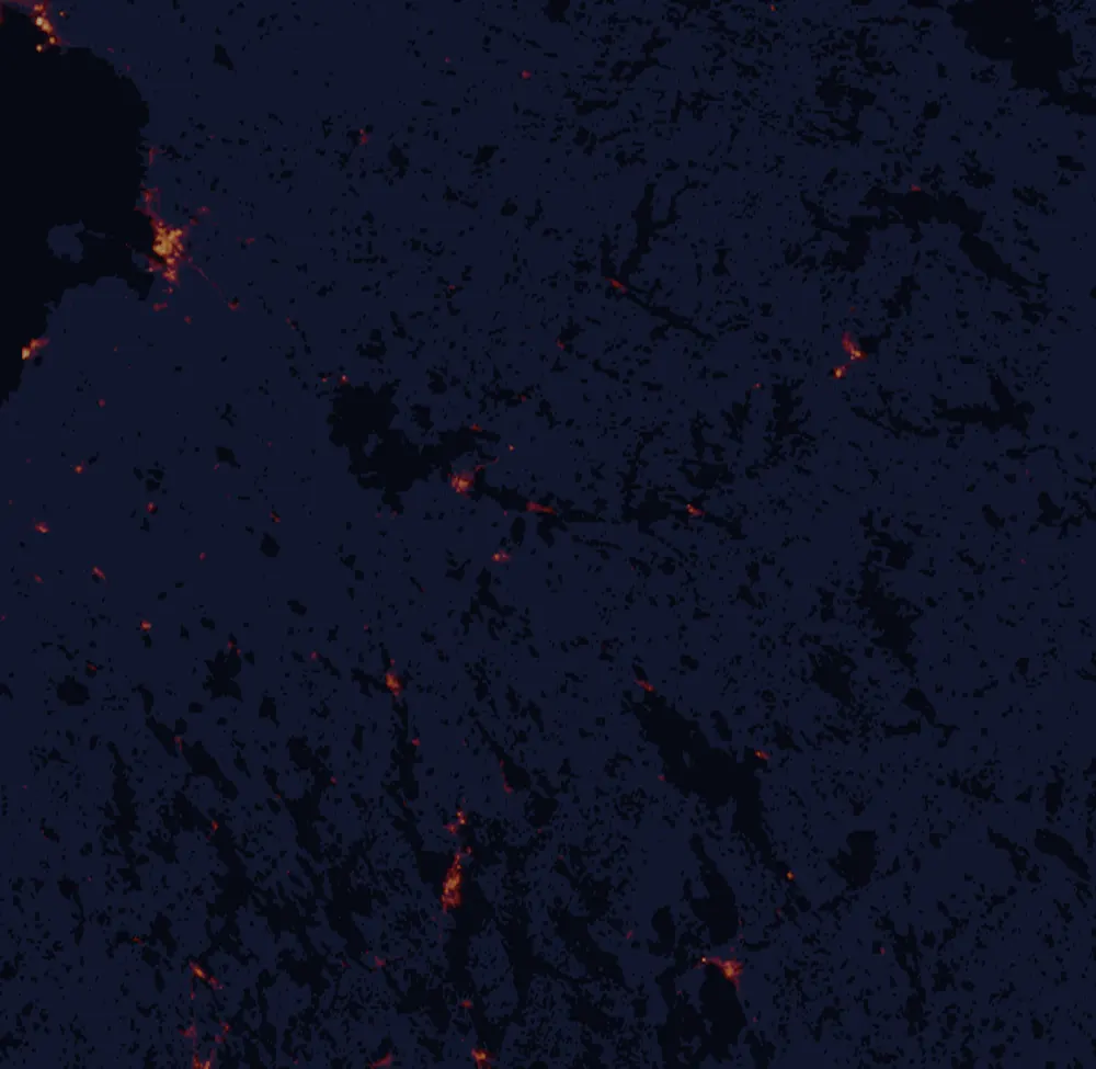 NASA satellite night-lights map of Kainuu with every place marked