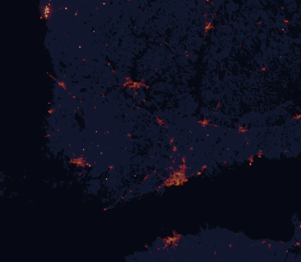 NASA satellite night-lights map of Kanta-Häme with every place marked