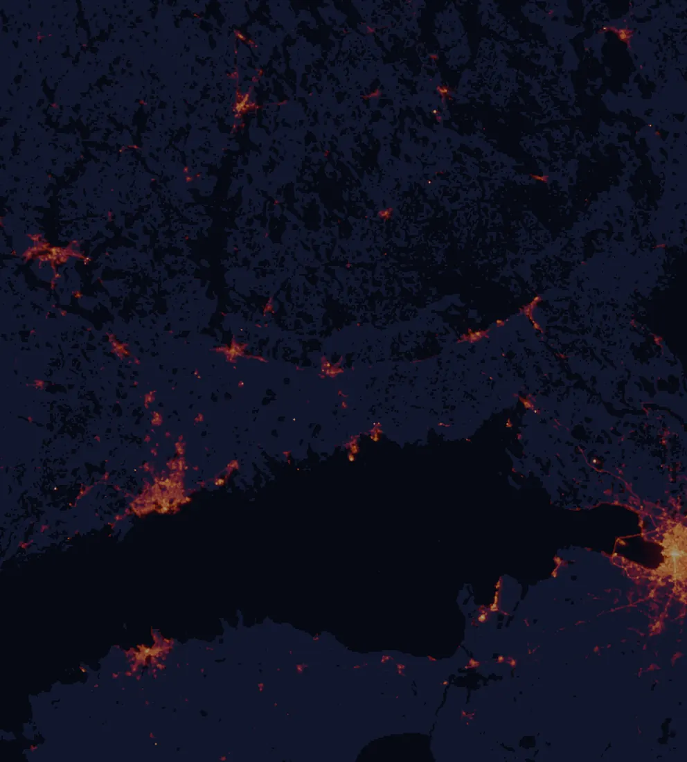 NASA satellite night-lights map of Kymenlaakso with every place marked
