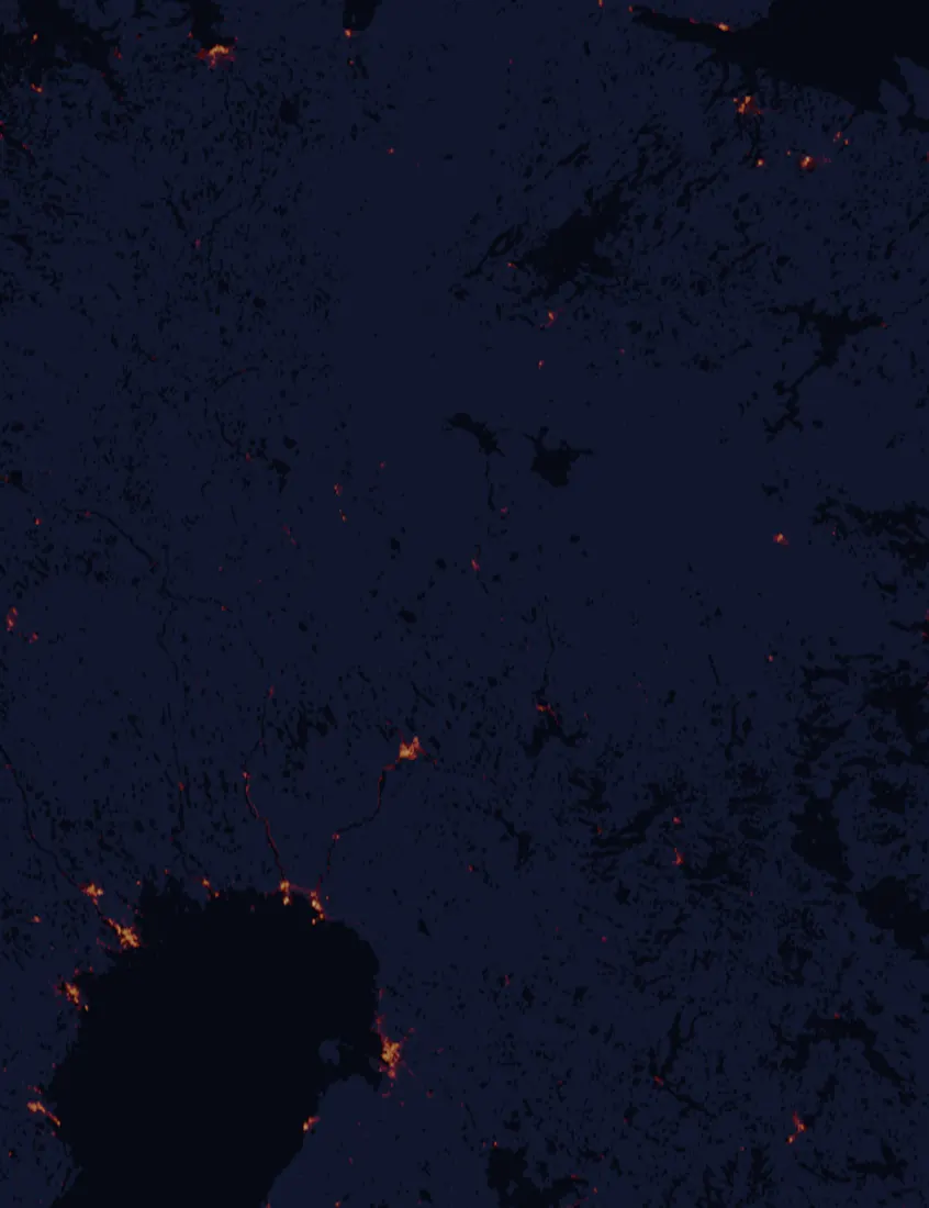 NASA satellite night-lights map of Lapland with every place marked