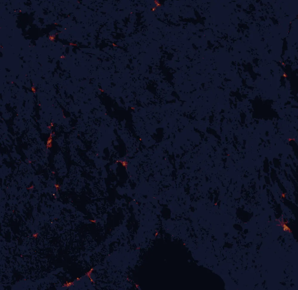 NASA satellite night-lights map of North Karelia with every place marked