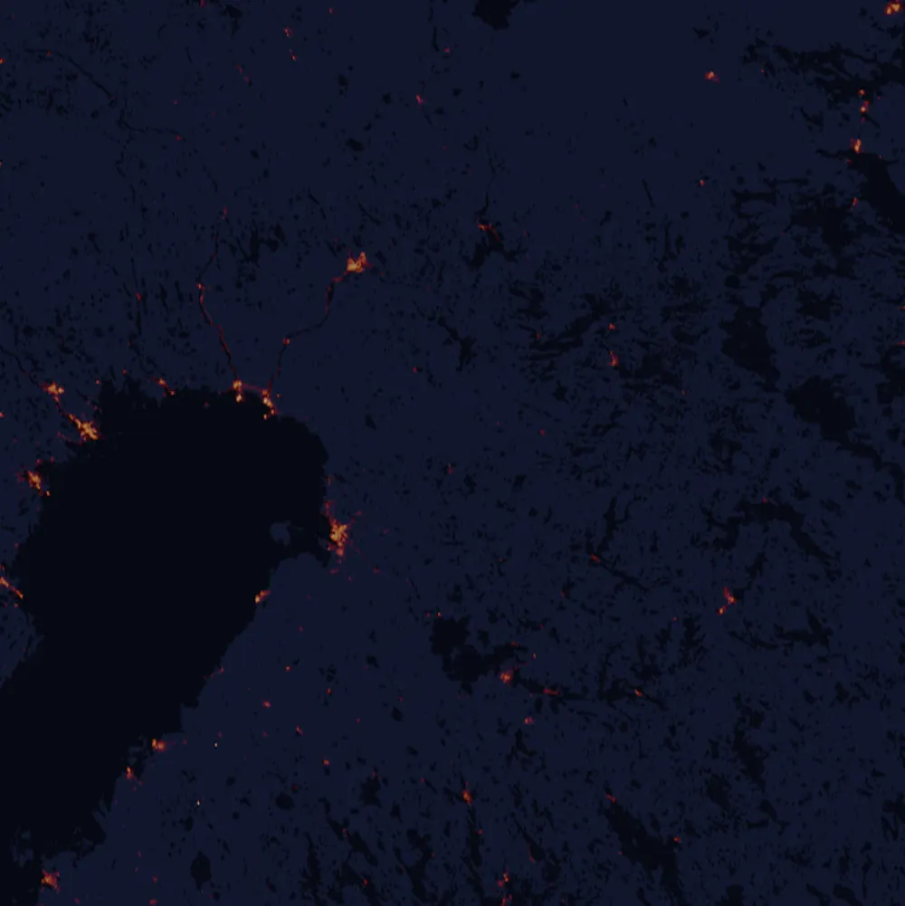 NASA satellite night-lights map of North Ostrobothnia with every place marked