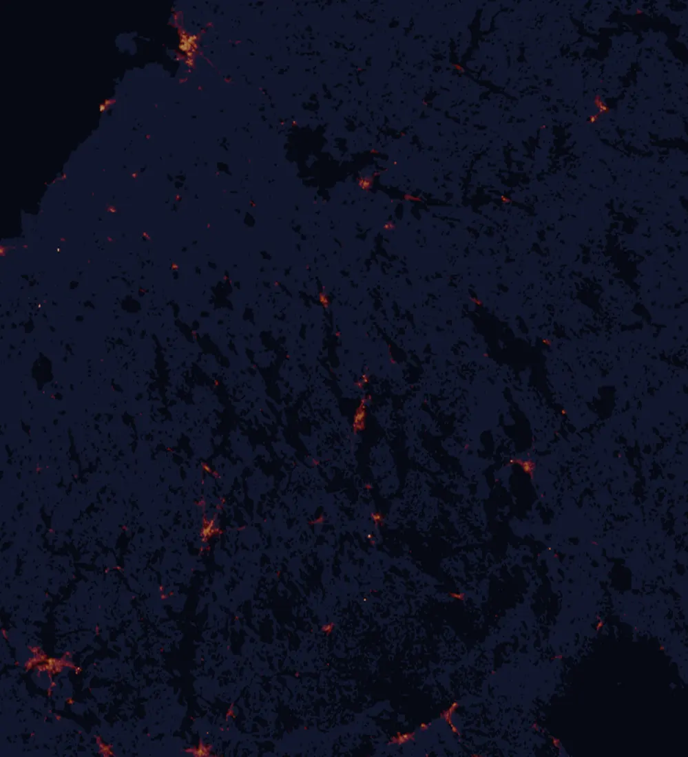 NASA satellite night-lights map of North Savo with every place marked