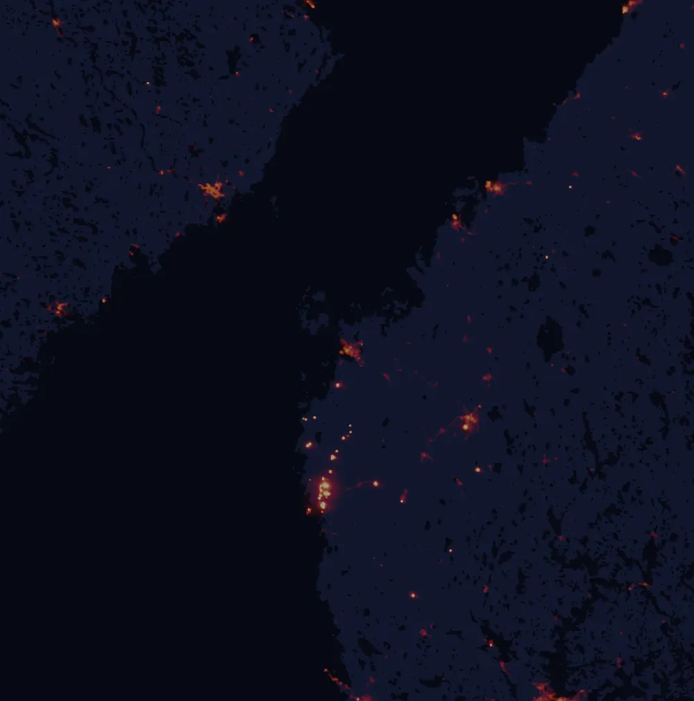 NASA satellite night-lights map of Ostrobothnia with every place marked