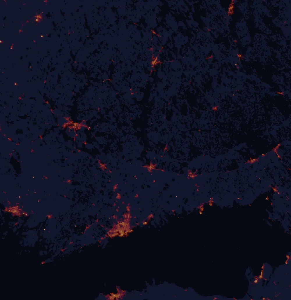 NASA satellite night-lights map of Päijät-Häme with every place marked