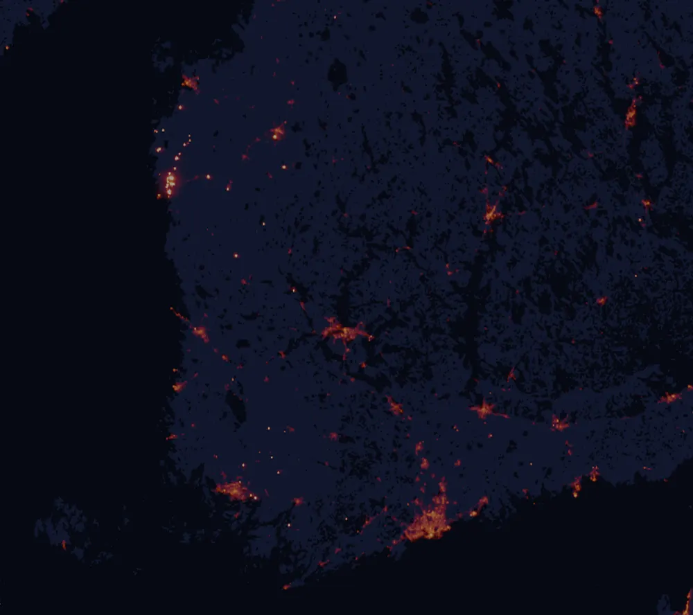 NASA satellite night-lights map of Pirkanmaa with every place marked