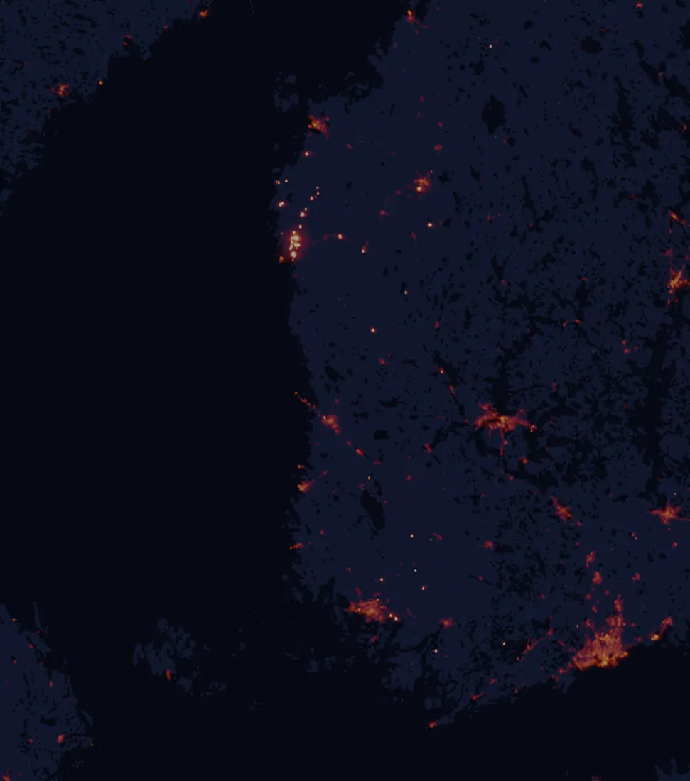 NASA satellite night-lights map of Satakunta with every place marked