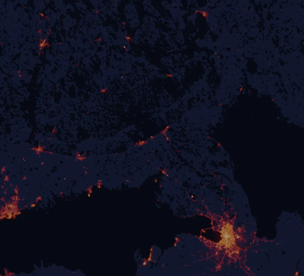 NASA satellite night-lights map of South Karelia with every place marked
