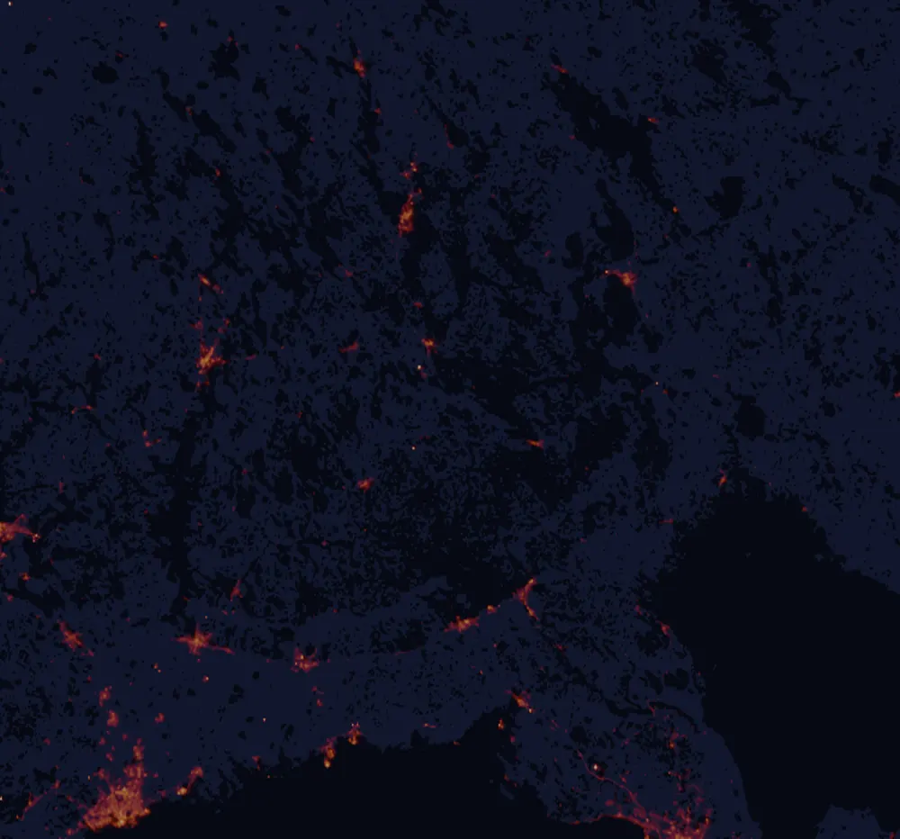 NASA satellite night-lights map of South Savo with every place marked