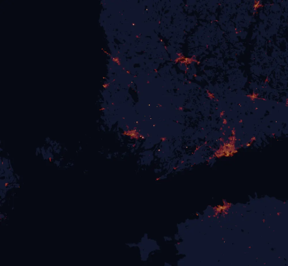 NASA satellite night-lights map of Southwest Finland with every place marked
