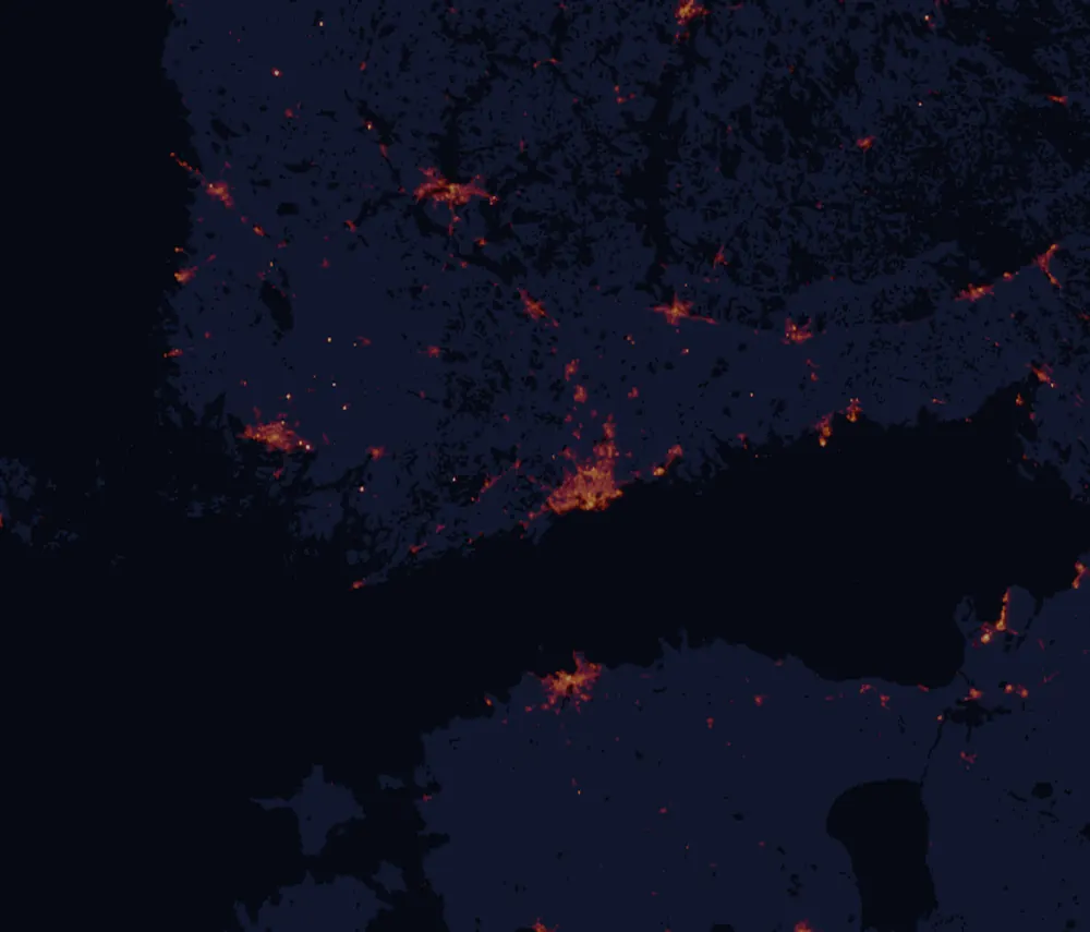 NASA satellite night-lights map of Uusimaa with every place marked