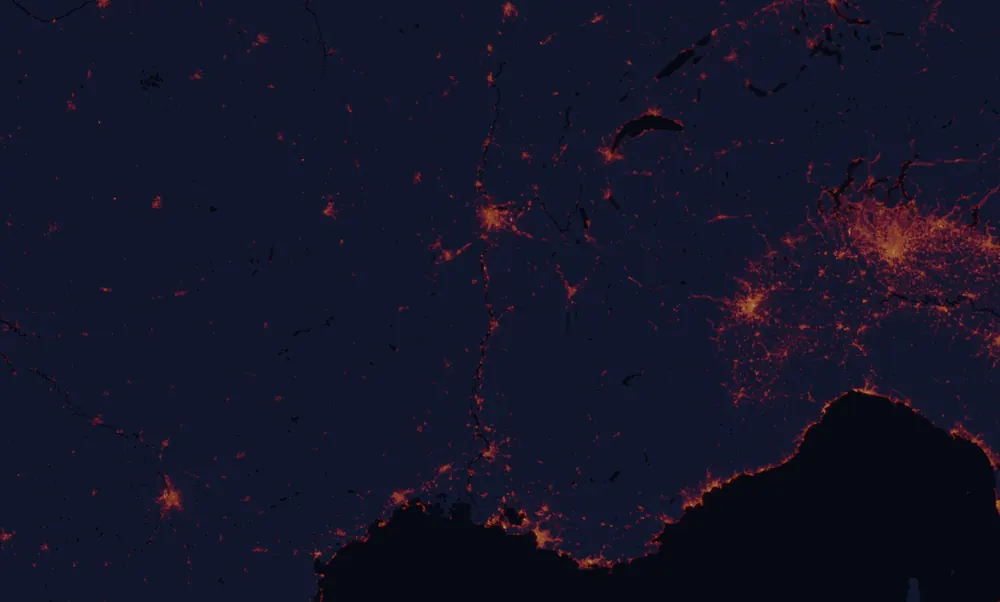 NASA satellite night-lights map of Auvergne-Rhône-Alpes with every place marked