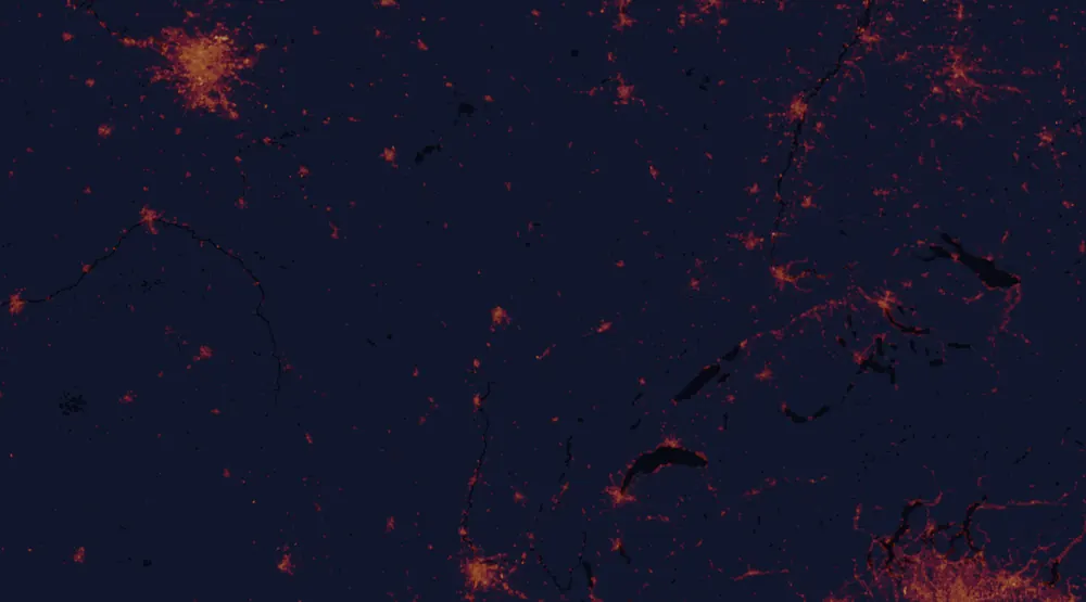 NASA satellite night-lights map of Bourgogne-Franche-Comté with every place marked