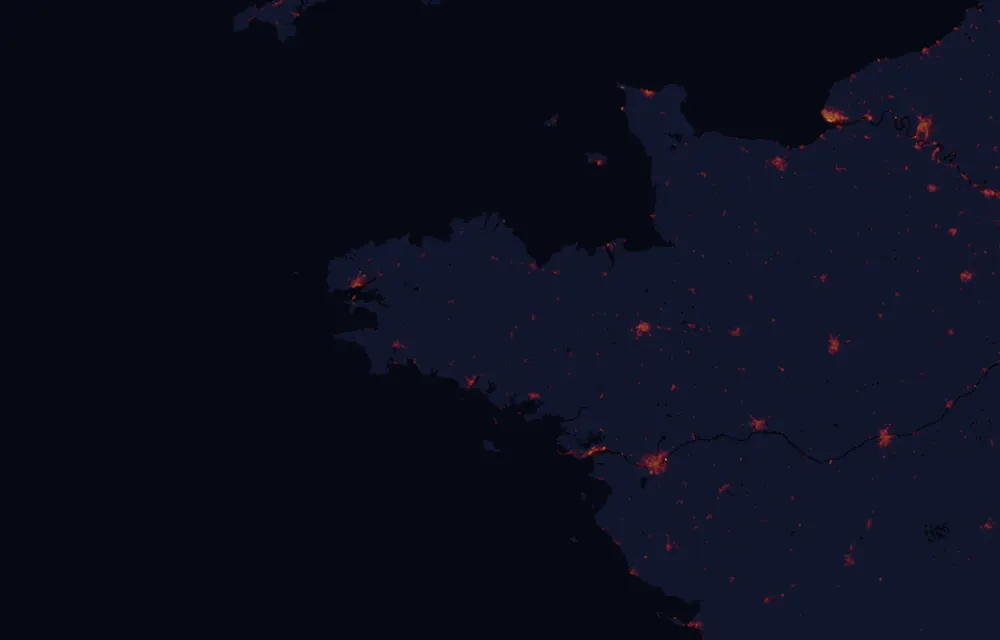 NASA satellite night-lights map of Brittany with every place marked