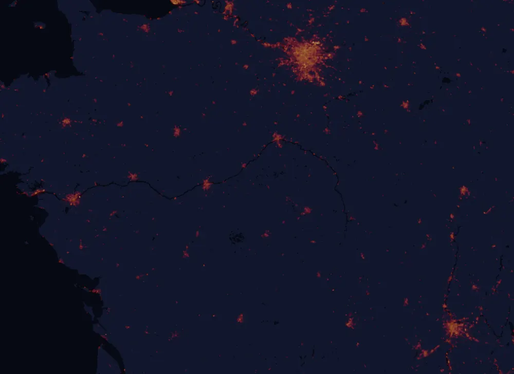 NASA satellite night-lights map of Centre-Val de Loire with every place marked