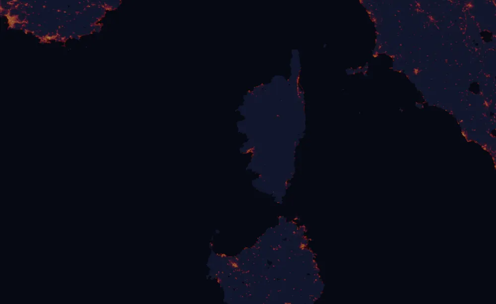 NASA satellite night-lights map of Corsica with every place marked