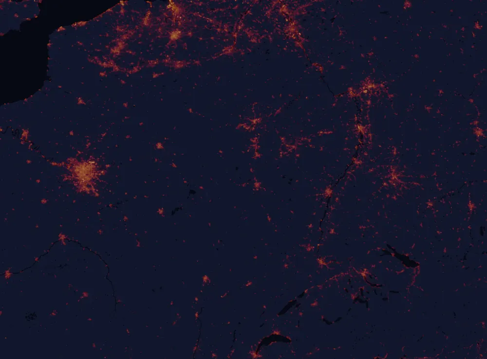 NASA satellite night-lights map of Grand Est with every place marked