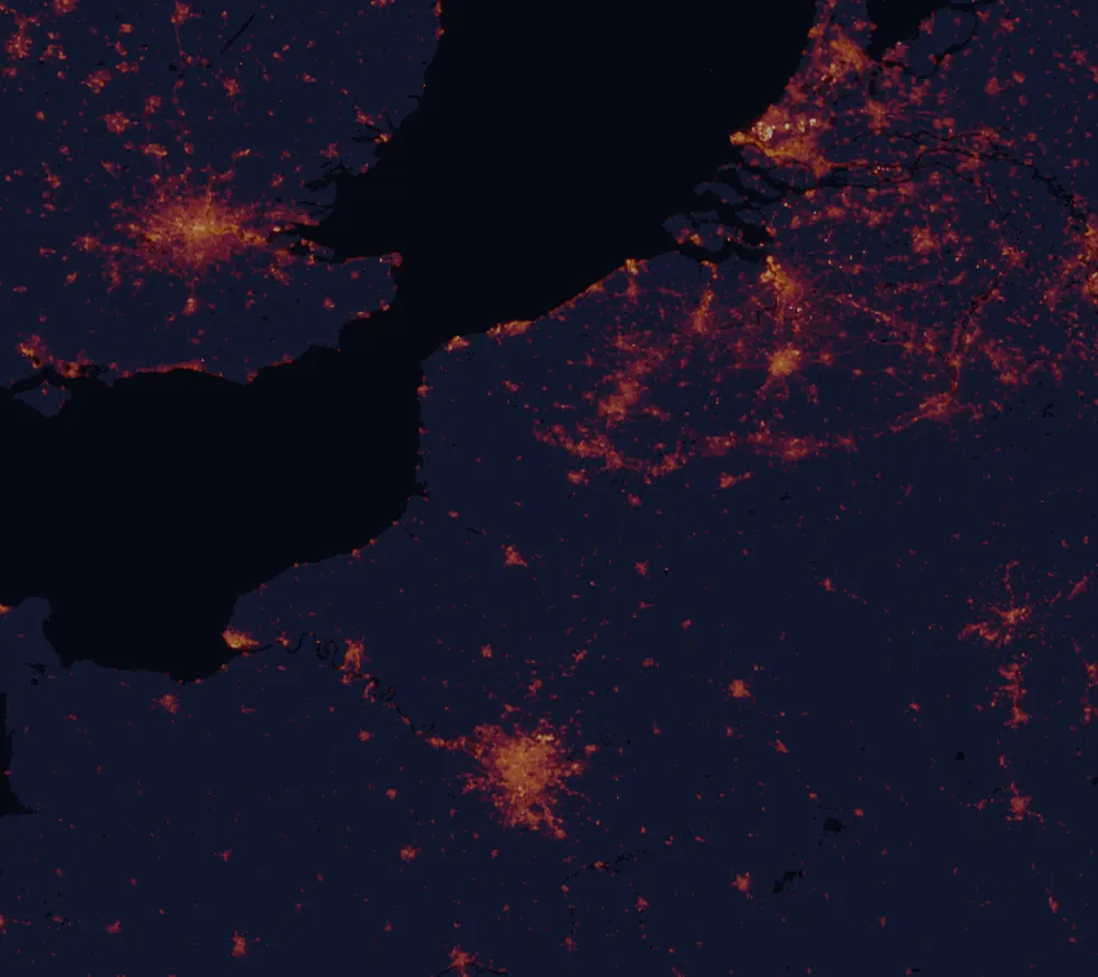 NASA satellite night-lights map of Hauts-de-France with every place marked