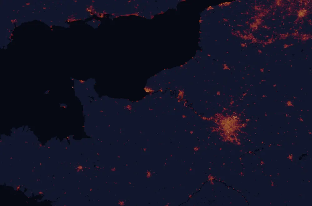 NASA satellite night-lights map of Normandy with every place marked