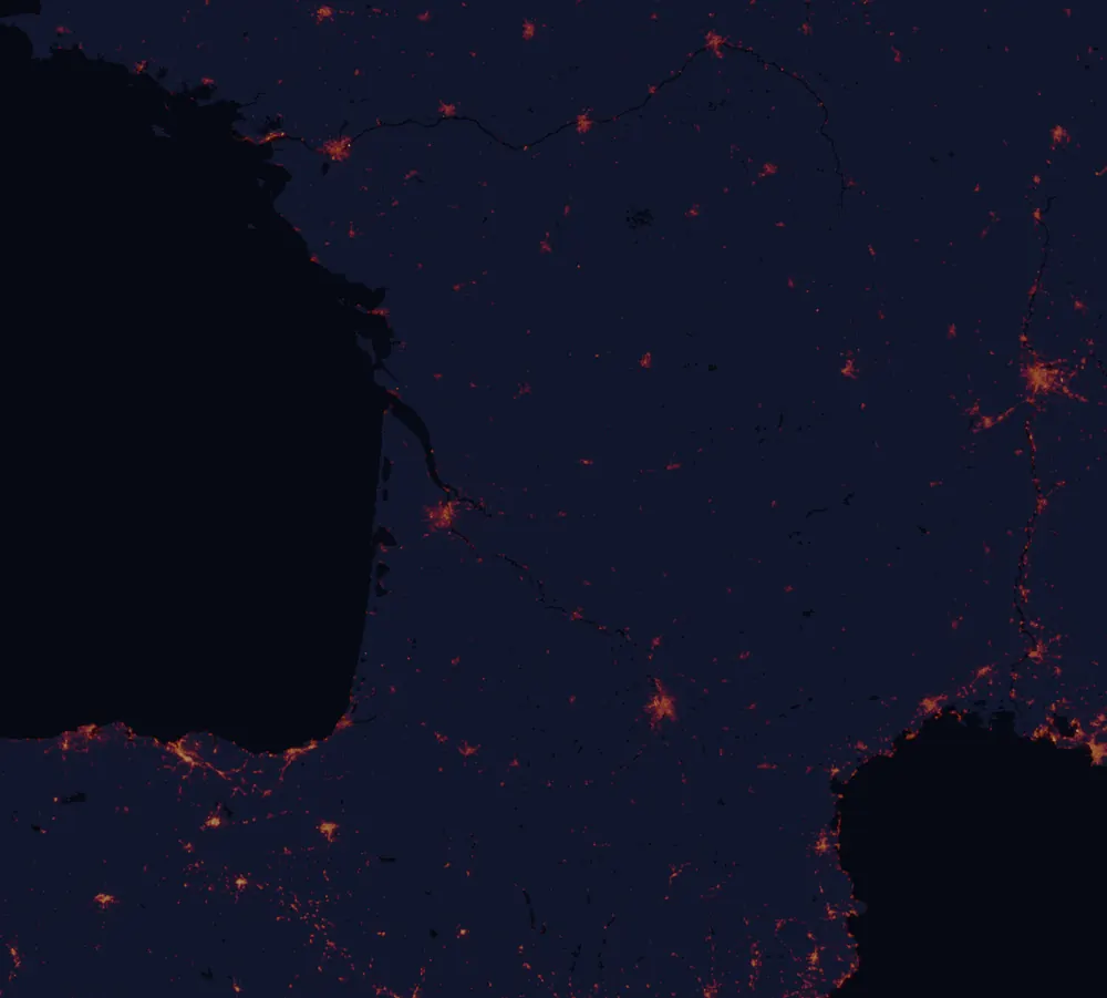 NASA satellite night-lights map of Nouvelle-Aquitaine with every place marked