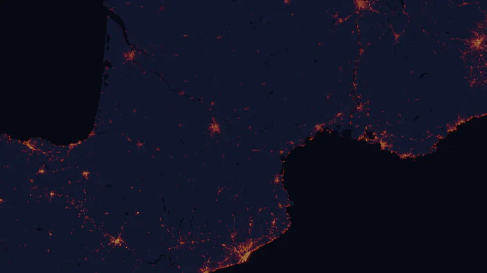 NASA satellite night-lights map of Occitanie with every place marked