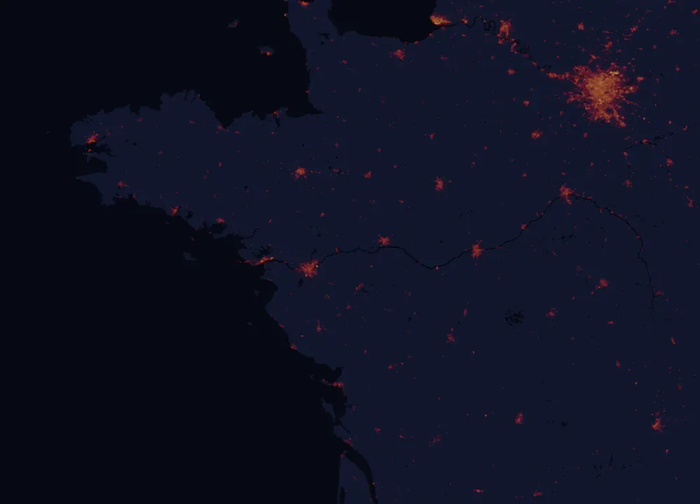 NASA satellite night-lights map of Pays de la Loire with every place marked