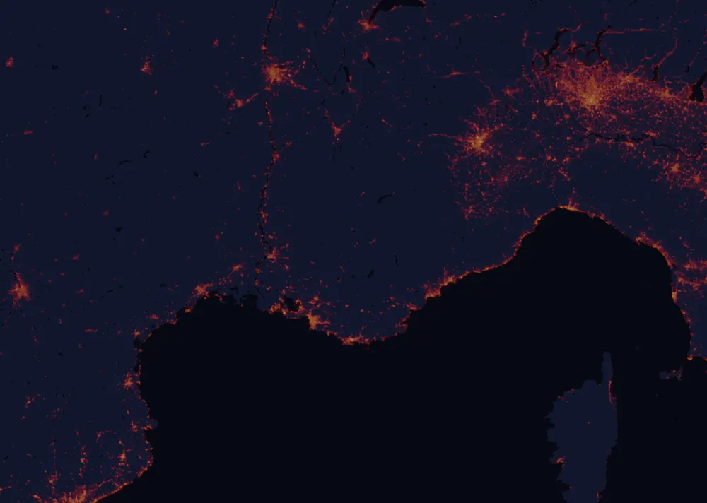 NASA satellite night-lights map of Provence-Alpes-Côte d'Azur with every place marked