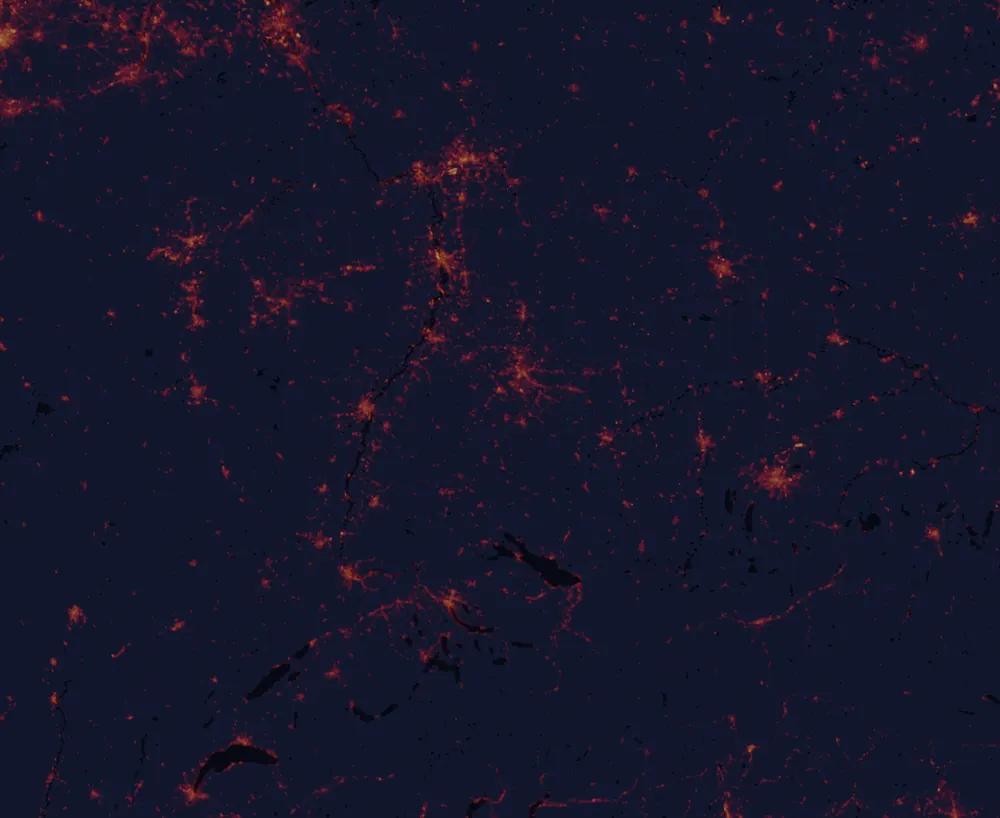 NASA satellite night-lights map of Baden-Württemberg with every place marked