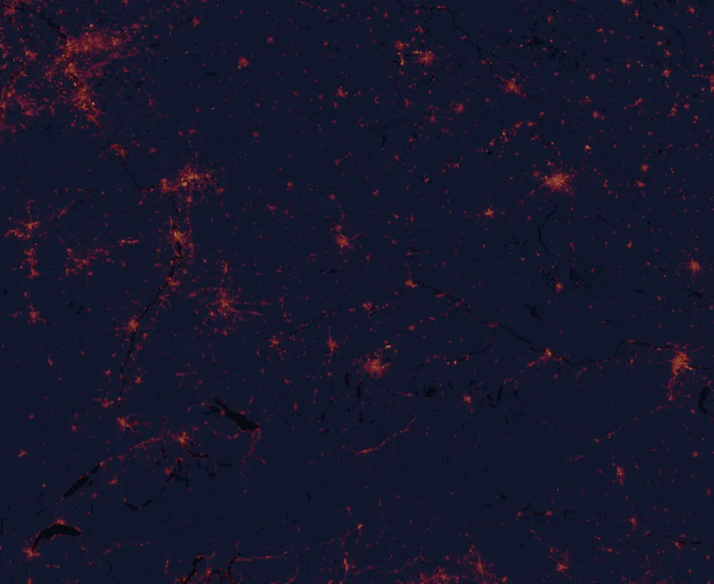 NASA satellite night-lights map of Bavaria with every place marked